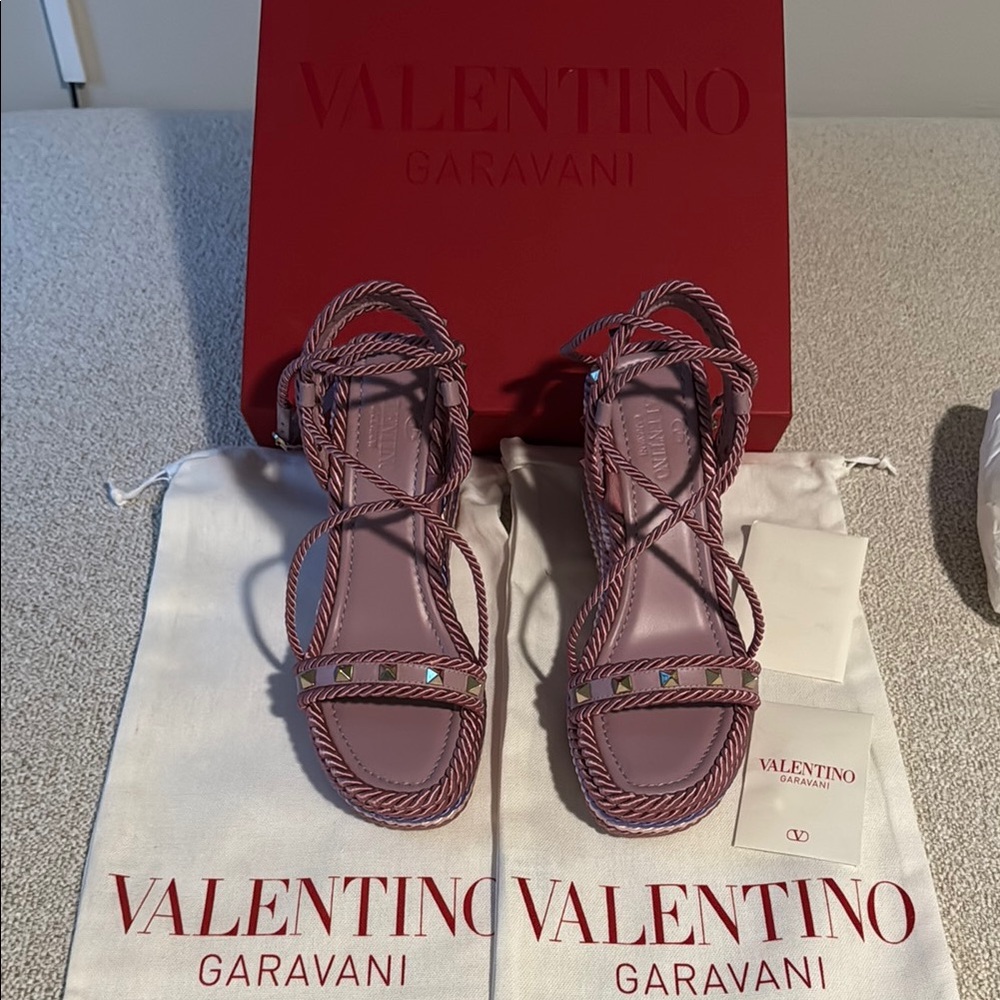Valentino Garavani Espadrill Wedge Pink Multi Color Leather Sandals